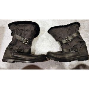 Strappy Jacquard Leather Buckle Y2K Coach Black Monogram Winter Boots with Black